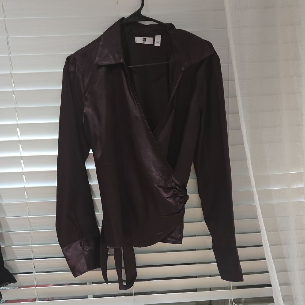 GAP Plum Satin Wrap Blouse